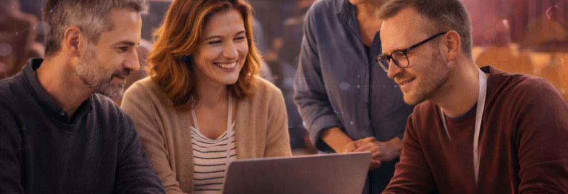 Vier Personen arbeiten vor einem Laptop